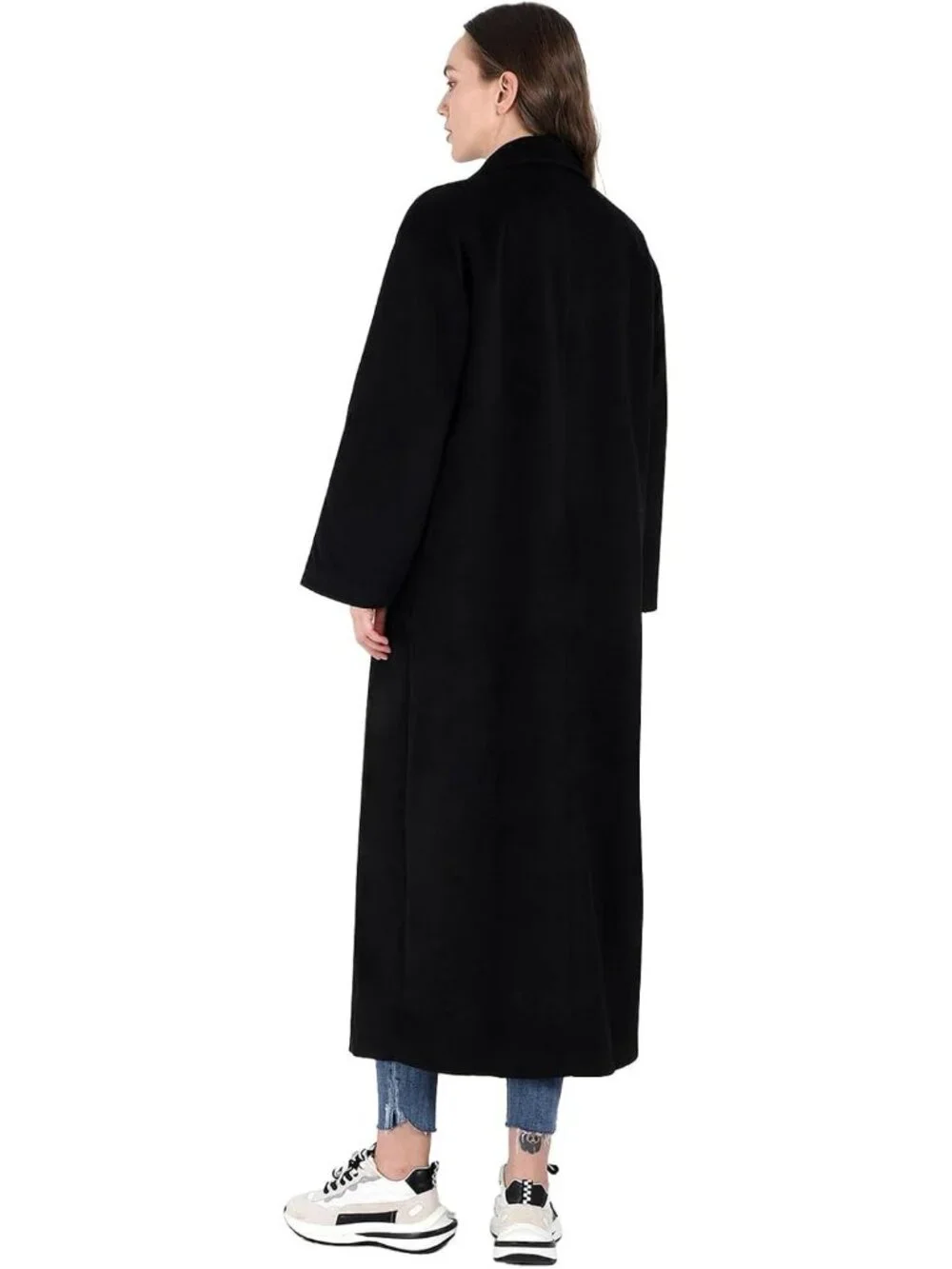 Women's Black Notched Collar Wool Blend Single Breast Midi Long Trench Coat